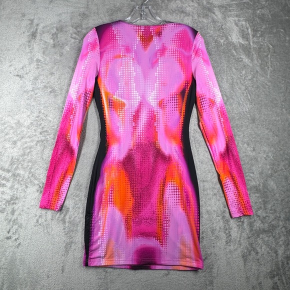 White Fox Boutique Bodycon Mini Dress Pink Orange Abstract Print Long Sleeve - Picture 3 of 12